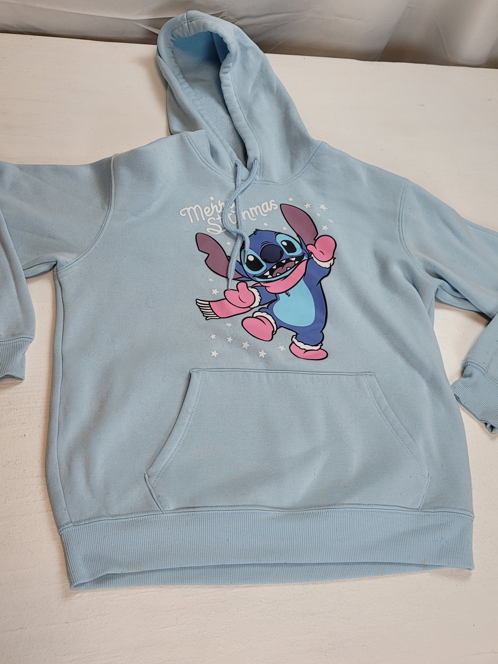 Disney Light Blue Stitch Holiday Pullover with Pink Accents